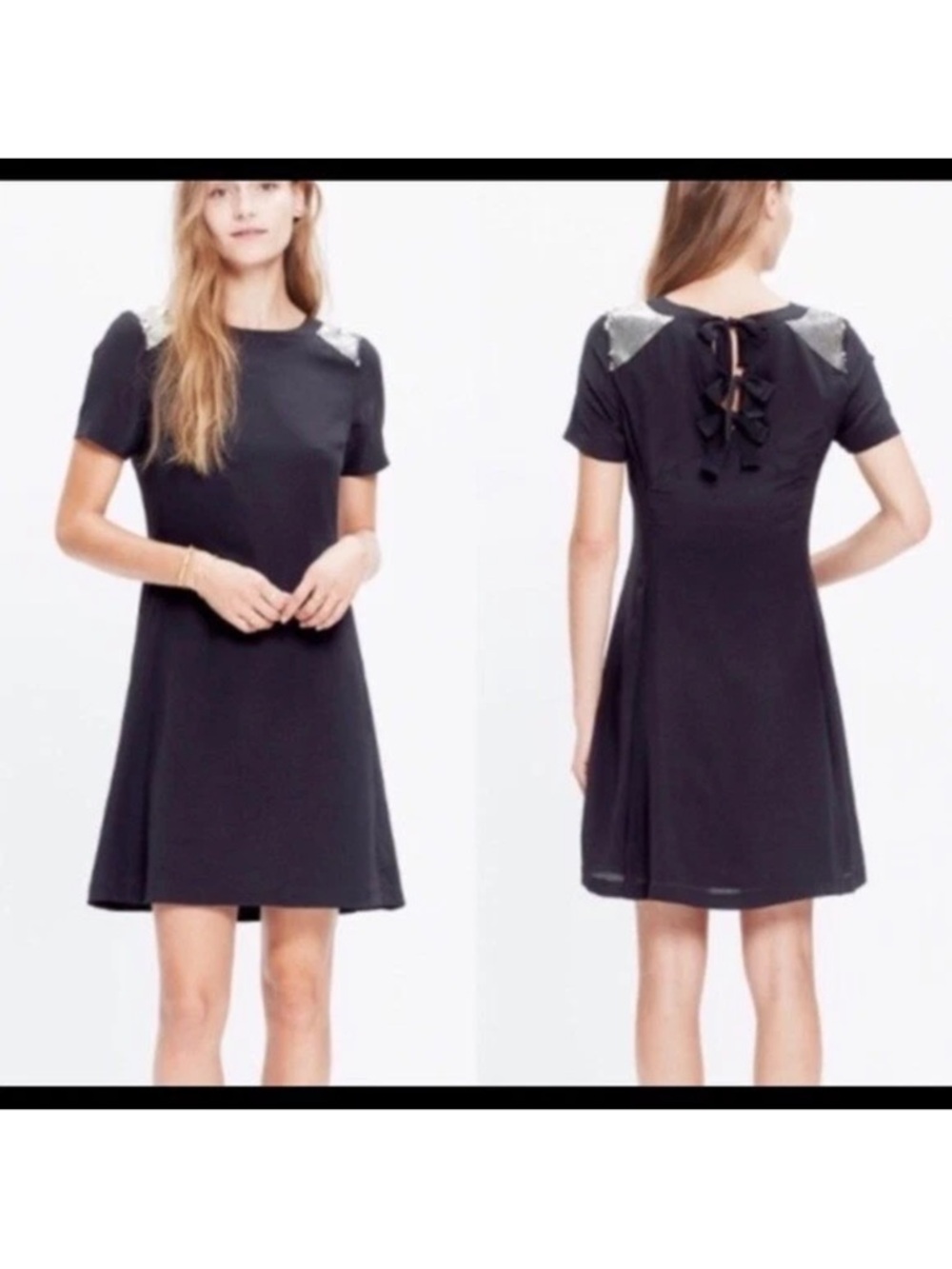 Madewell Black Short Sleeve A-Line Dress with Gold Shoulder Detail